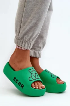 Damskie Boto Piankowe Klapki Damskie Na Masywnej Podeszwie Z Misiem Zielone Lamira