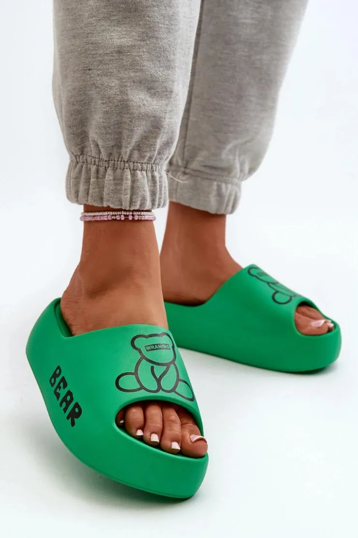 Damskie Boto Piankowe Klapki Damskie Na Masywnej Podeszwie Z Misiem Zielone Lamira