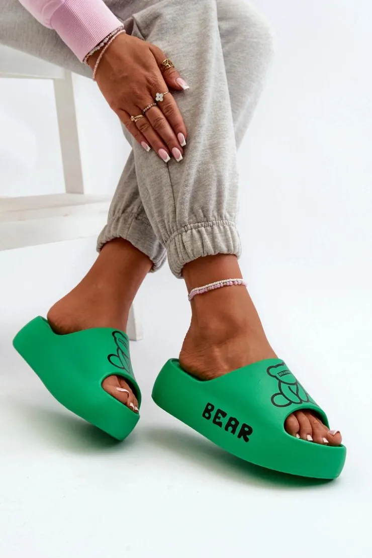 Damskie Boto Piankowe Klapki Damskie Na Masywnej Podeszwie Z Misiem Zielone Lamira