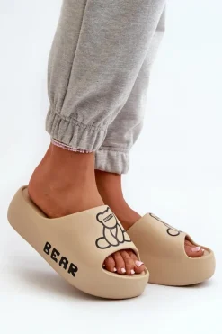 New Boto Piankowe Klapki Damskie Na Masywnej Podeszwie Z Misiem Ciemnobeżowe Lamira