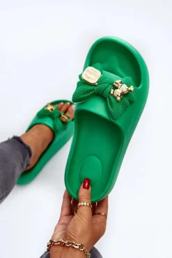 Hot Boto Piankowe Klapki Damskie Z Kokardą Zielone Salessa