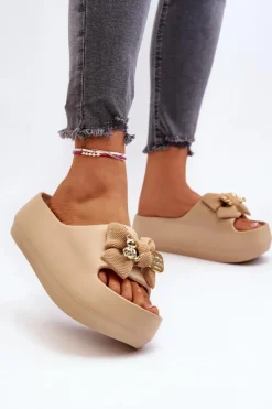 Damskie Boto Piankowe Klapki Damskie Z Kokardą Khaki Salessa