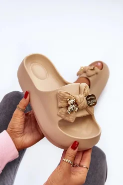 Damskie Boto Piankowe Klapki Damskie Z Kokardą Khaki Salessa