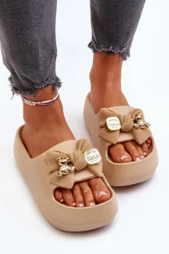 Damskie Boto Piankowe Klapki Damskie Z Kokardą Khaki Salessa