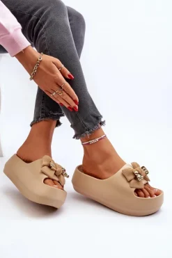 Damskie Boto Piankowe Klapki Damskie Z Kokardą Khaki Salessa