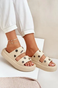 Discount Boto Piankowe Klapki Damskie Z Przypinkami Beżowe Ravanala Beżowy