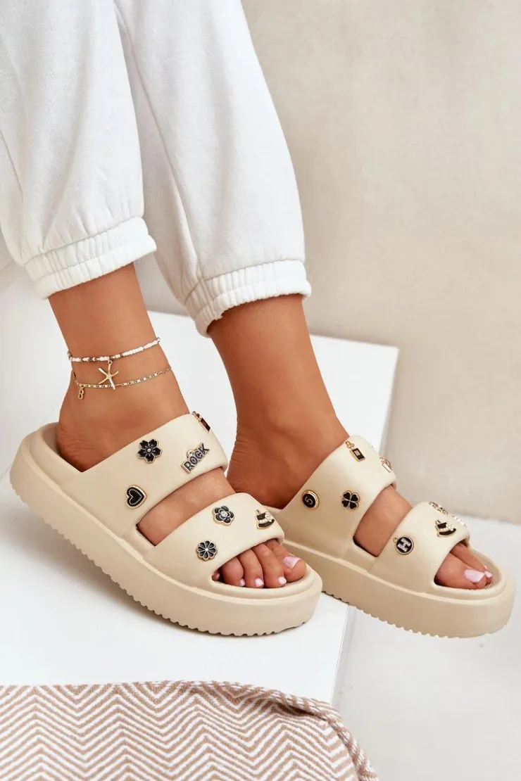 Discount Boto Piankowe Klapki Damskie Z Przypinkami Beżowe Ravanala Beżowy