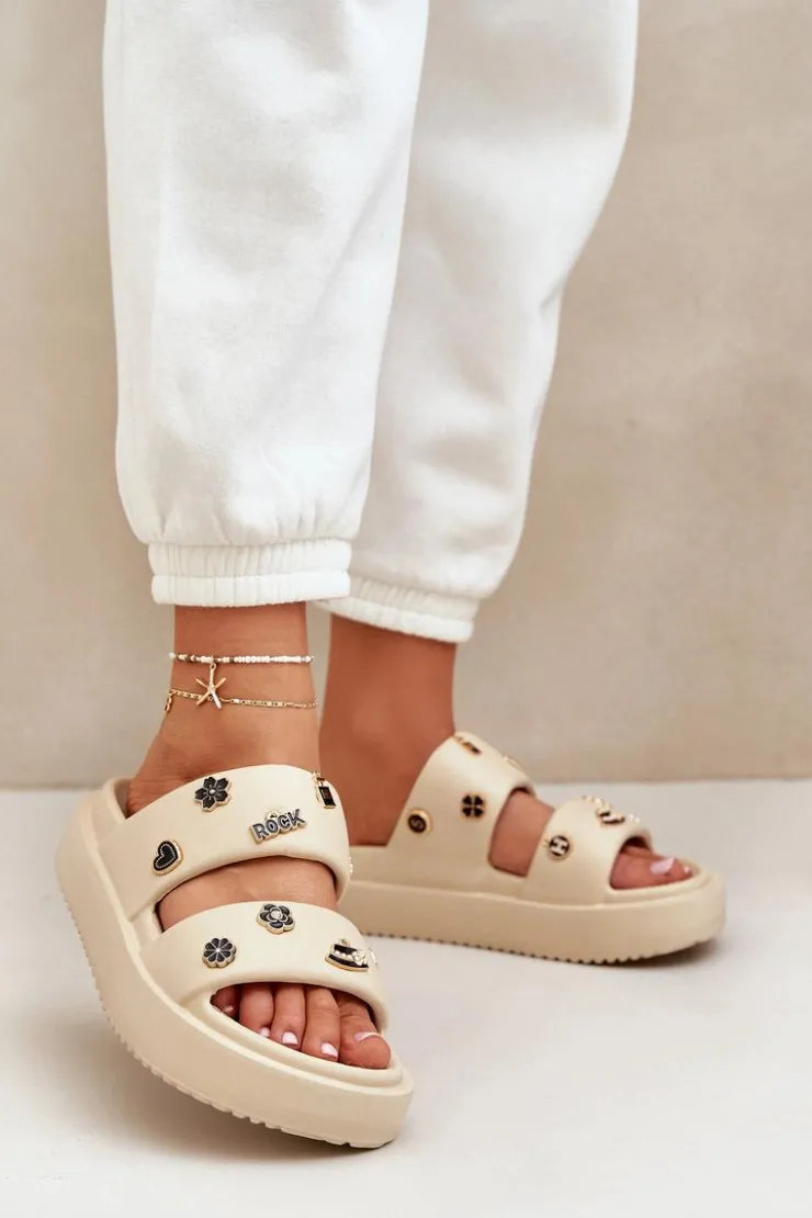 Discount Boto Piankowe Klapki Damskie Z Przypinkami Beżowe Ravanala Beżowy