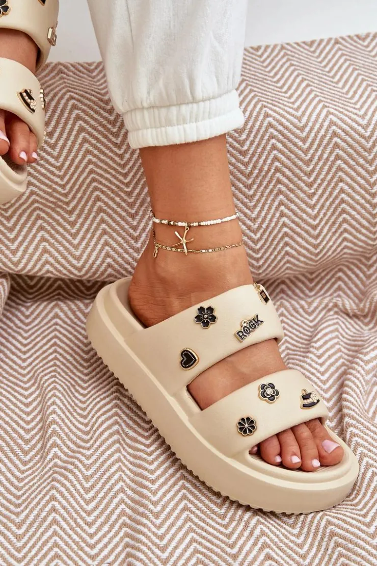 Discount Boto Piankowe Klapki Damskie Z Przypinkami Beżowe Ravanala Beżowy