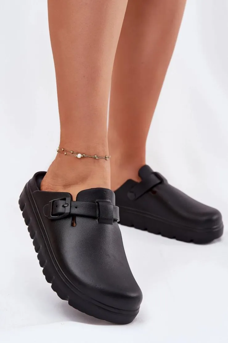 Evento Klapki Basenowe|Klapki Na Platformie*Piankowe Klapki Damskie Z Paskiem I Klamrą Czarne Larinie