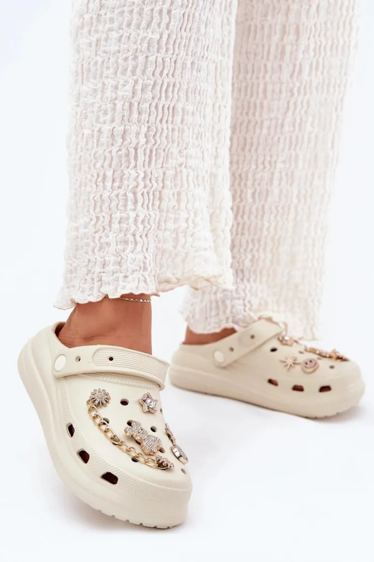 Boto Klapki Basenowe|Klapki Na Platformie*Piankowe Klapki Damskie Z Przypinkami Beżowe Linaviela