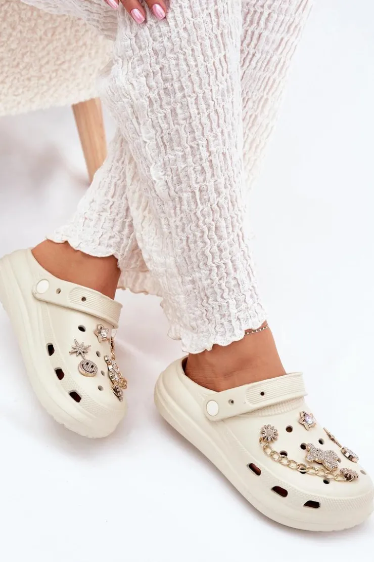 Boto Klapki Basenowe|Klapki Na Platformie*Piankowe Klapki Damskie Z Przypinkami Beżowe Linaviela