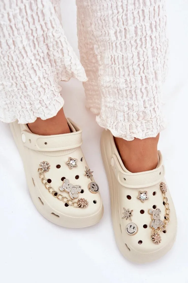 Boto Klapki Basenowe|Klapki Na Platformie*Piankowe Klapki Damskie Z Przypinkami Beżowe Linaviela