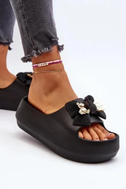 Hot Boto Piankowe Klapki Damskie Z Kokardą Czarne Salessa