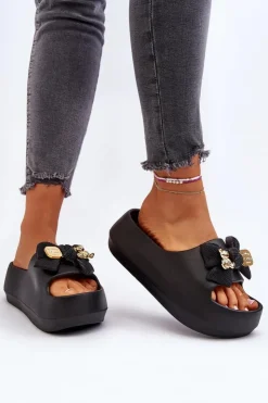 Hot Boto Piankowe Klapki Damskie Z Kokardą Czarne Salessa