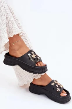 Outlet Boto Piankowe Klapki Damskie Ze Złotymi Przypinkami Czarne Hortiana Czarny