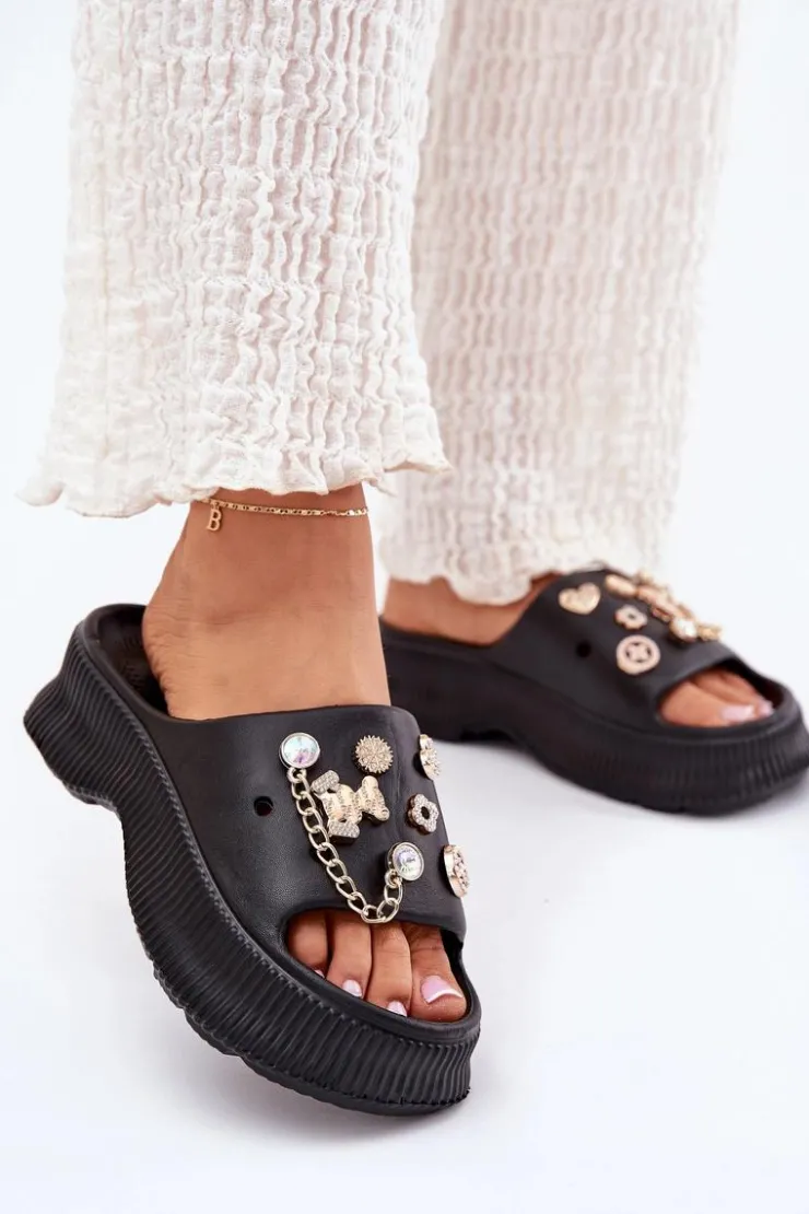 Outlet Boto Piankowe Klapki Damskie Ze Złotymi Przypinkami Czarne Hortiana Czarny