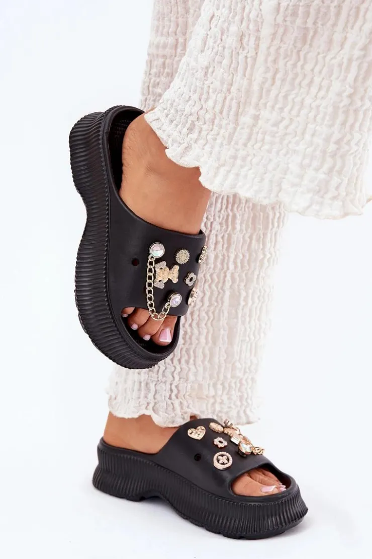 Outlet Boto Piankowe Klapki Damskie Ze Złotymi Przypinkami Czarne Hortiana Czarny