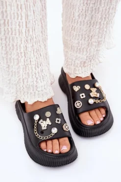 Outlet Boto Piankowe Klapki Damskie Ze Złotymi Przypinkami Czarne Hortiana Czarny