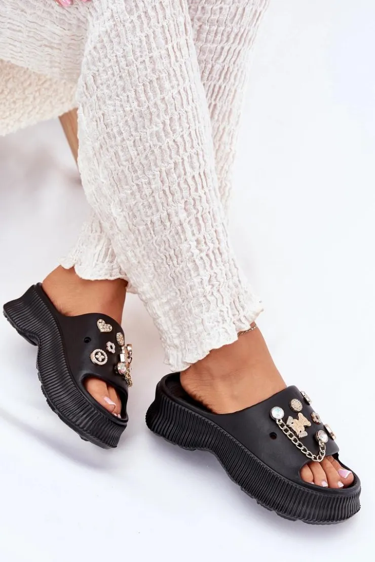 Outlet Boto Piankowe Klapki Damskie Ze Złotymi Przypinkami Czarne Hortiana Czarny