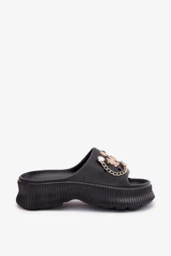 Outlet Boto Piankowe Klapki Damskie Ze Złotymi Przypinkami Czarne Hortiana Czarny