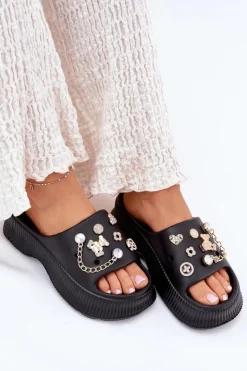 Outlet Boto Piankowe Klapki Damskie Ze Złotymi Przypinkami Czarne Hortiana Czarny