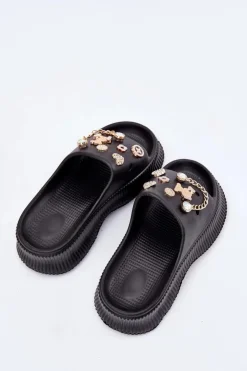 Outlet Boto Piankowe Klapki Damskie Ze Złotymi Przypinkami Czarne Hortiana Czarny