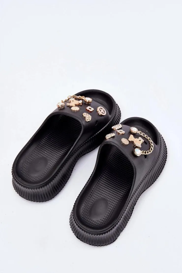 Outlet Boto Piankowe Klapki Damskie Ze Złotymi Przypinkami Czarne Hortiana Czarny