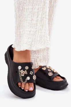 Outlet Boto Piankowe Klapki Damskie Ze Złotymi Przypinkami Czarne Hortiana Czarny