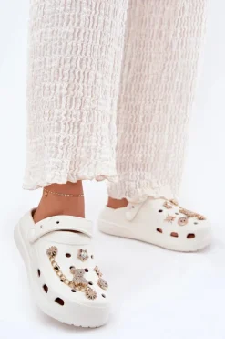 Online Boto Piankowe Klapki Damskie Z Przypinkami Białe Linaviela