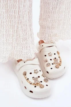 Online Boto Piankowe Klapki Damskie Z Przypinkami Białe Linaviela