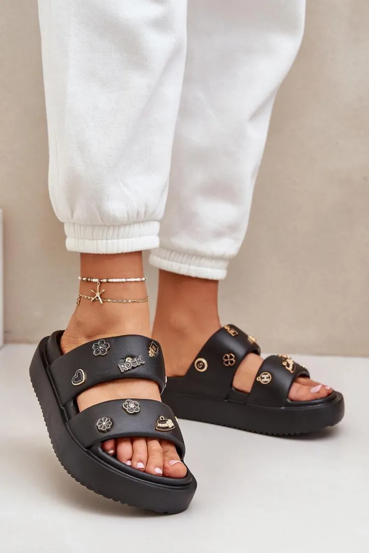 Boto Klapki Basenowe|Klapki Na Platformie*Piankowe Klapki Damskie Z Przypinkami Czarne Ravanala Czarny