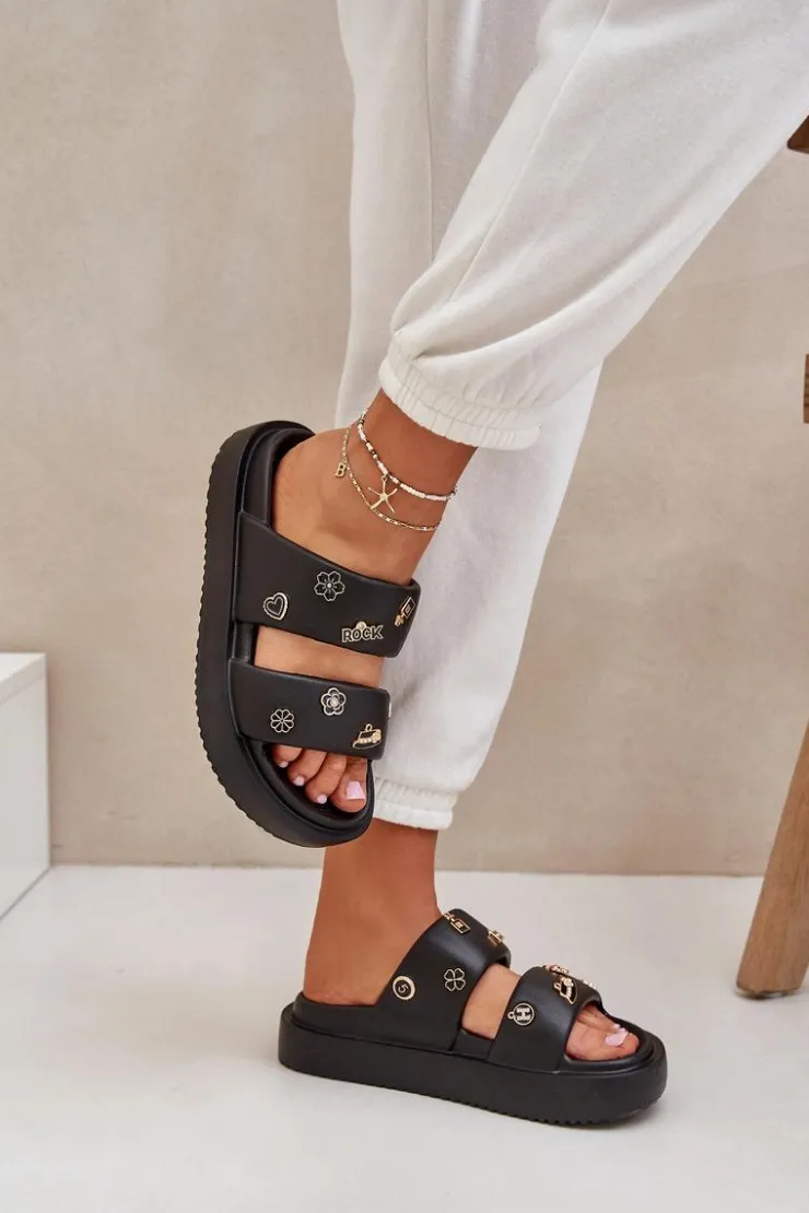 Boto Klapki Basenowe|Klapki Na Platformie*Piankowe Klapki Damskie Z Przypinkami Czarne Ravanala Czarny