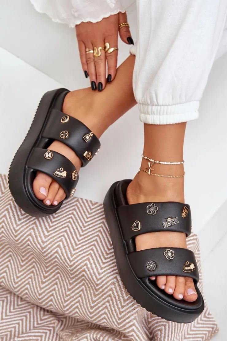 Boto Klapki Basenowe|Klapki Na Platformie*Piankowe Klapki Damskie Z Przypinkami Czarne Ravanala Czarny