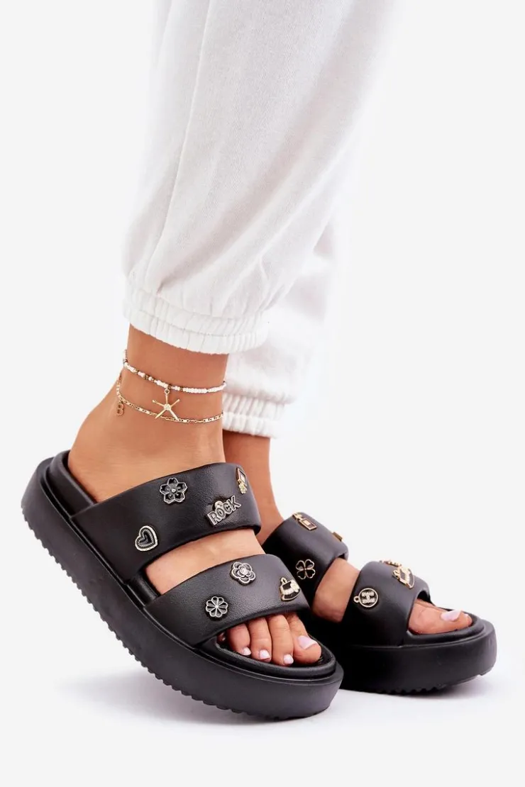 Boto Klapki Basenowe|Klapki Na Platformie*Piankowe Klapki Damskie Z Przypinkami Czarne Ravanala Czarny