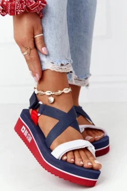 Damskie Big Star Shoes Piankowe Sandały Na Koturnie Big Star HH274A084 Granatowe