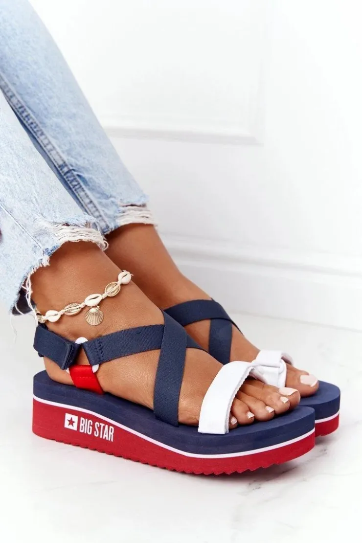 Damskie Big Star Shoes Piankowe Sandały Na Koturnie Big Star HH274A084 Granatowe