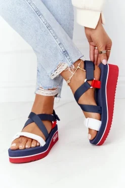 Damskie Big Star Shoes Piankowe Sandały Na Koturnie Big Star HH274A084 Granatowe