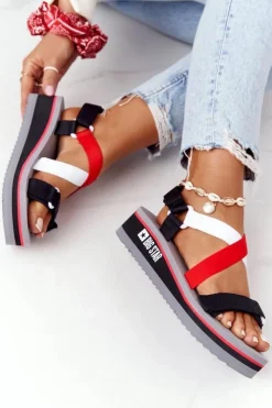 Damskie Big Star Shoes Piankowe Sandały Na Koturnie Big Star HH274A082 Czerwono-Białe