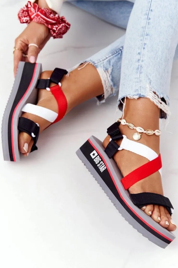 Damskie Big Star Shoes Piankowe Sandały Na Koturnie Big Star HH274A082 Czerwono-Białe