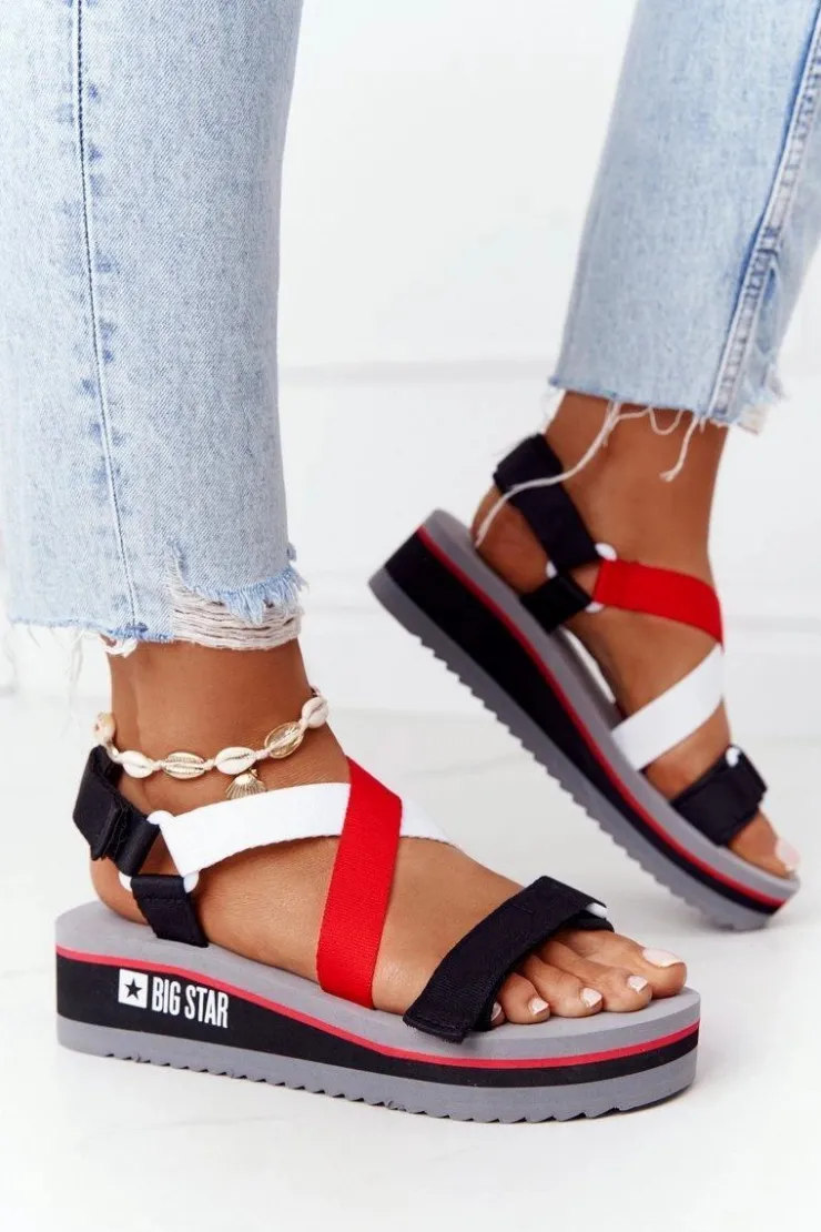 Damskie Big Star Shoes Piankowe Sandały Na Koturnie Big Star HH274A082 Czerwono-Białe