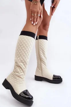 Boto Pikowane Kozaki Przed Kolano Na Płaskim Obcasie Beżowe Amalfri