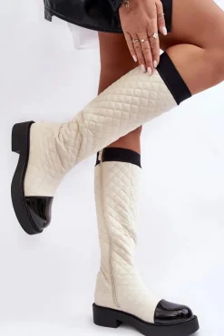 Boto Pikowane Kozaki Przed Kolano Na Płaskim Obcasie Beżowe Amalfri