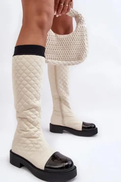 Boto Pikowane Kozaki Przed Kolano Na Płaskim Obcasie Beżowe Amalfri