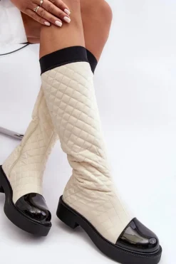 Boto Pikowane Kozaki Przed Kolano Na Płaskim Obcasie Beżowe Amalfri