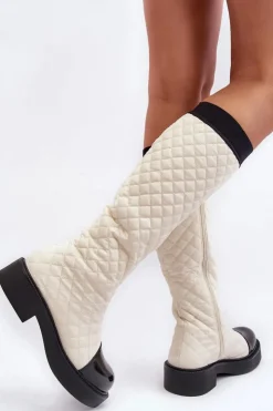 Boto Pikowane Kozaki Przed Kolano Na Płaskim Obcasie Beżowe Amalfri