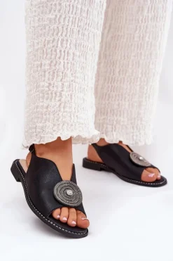 Damskie buty S.Barski Sandały Z Cholewką|Sandały Płaskie*Połyskujące Sandały Damskie Ozdobnym Detalem S.Barski KV51-012 Czarne Czarny