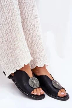 Damskie buty S.Barski Sandały Z Cholewką|Sandały Płaskie*Połyskujące Sandały Damskie Ozdobnym Detalem S.Barski KV51-012 Czarne Czarny