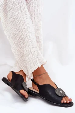 Damskie buty S.Barski Sandały Z Cholewką|Sandały Płaskie*Połyskujące Sandały Damskie Ozdobnym Detalem S.Barski KV51-012 Czarne Czarny