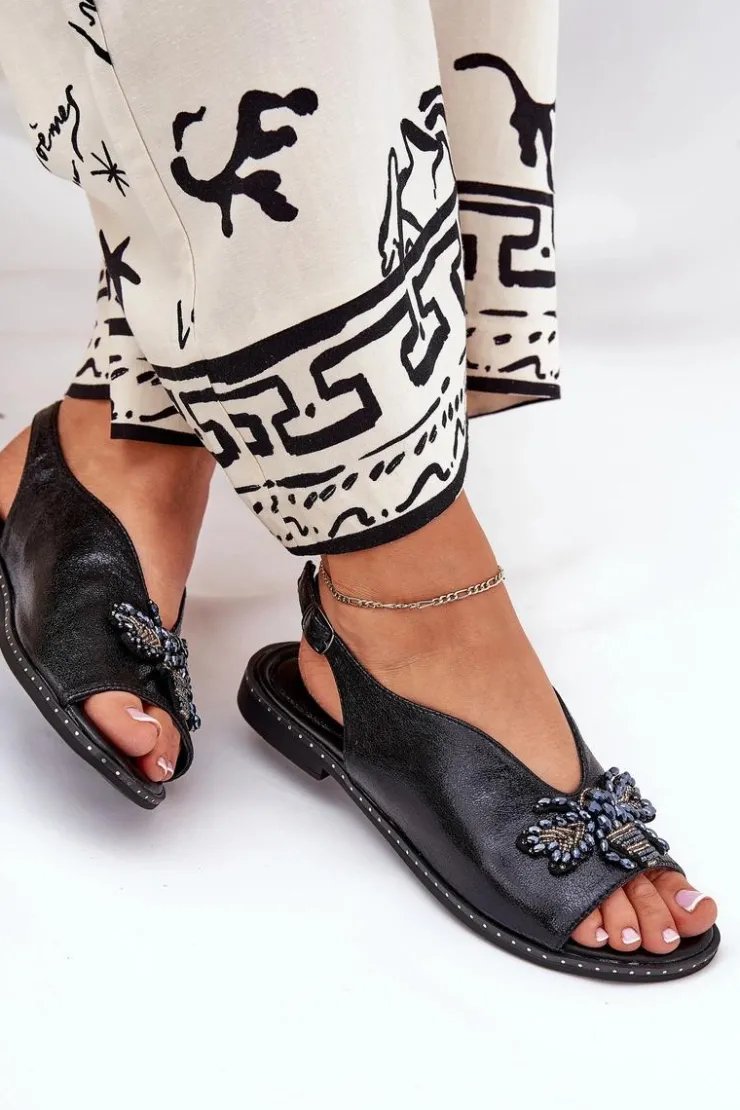 Boto Sandały Płaskie*Połyskujące Sandały Damskie Z Ozdobą Płaskie Czarne Russona Czarny